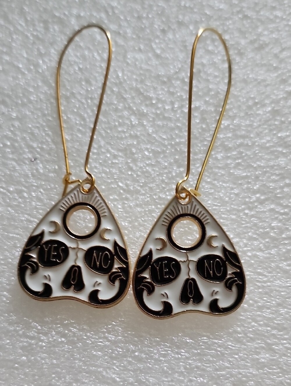 Hand Crafted Gold and White Enamel Planchette Earrings with Yes/No Motif